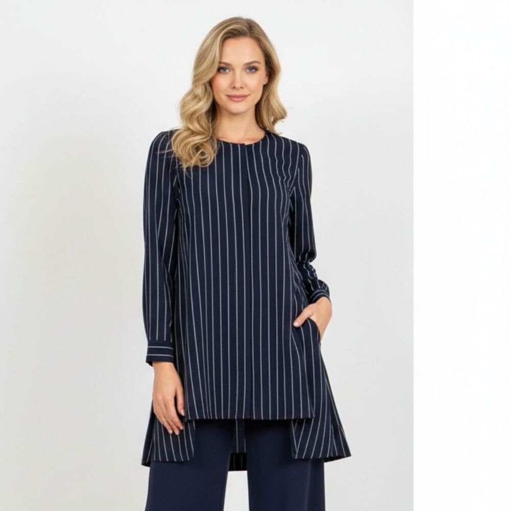 Armani Exchange Blue & White Pinstriped Long Sleeve Collarless Blouse XS